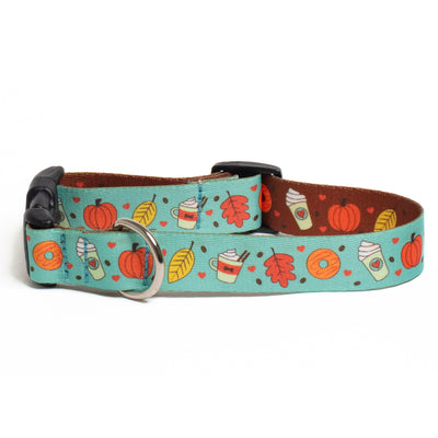 Pumpkin Spice Latte Dog Collar with Mint background and donuts lattes leaves and pumpkins