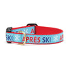 Up Country Inc Apres Ski Dog Collar - light blue ribbon with the words apres ski with white snowflakes on red webbing 