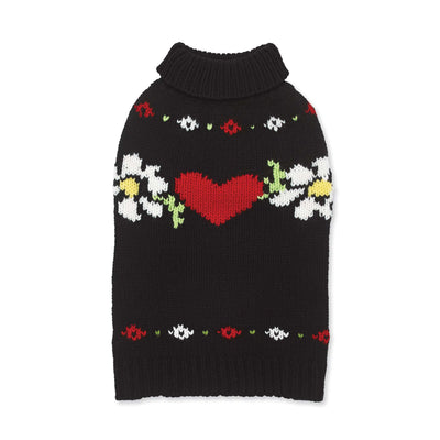 Black sweater with red heart and white and yellow daisies